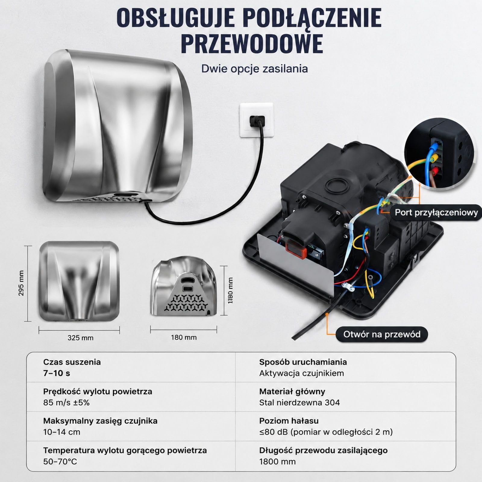 Elektryczna suszarka do rąk 1300 W ze stali nierdzewnej 304, czujnik podczerwieni, montaż ścienny do toalety i kuchni