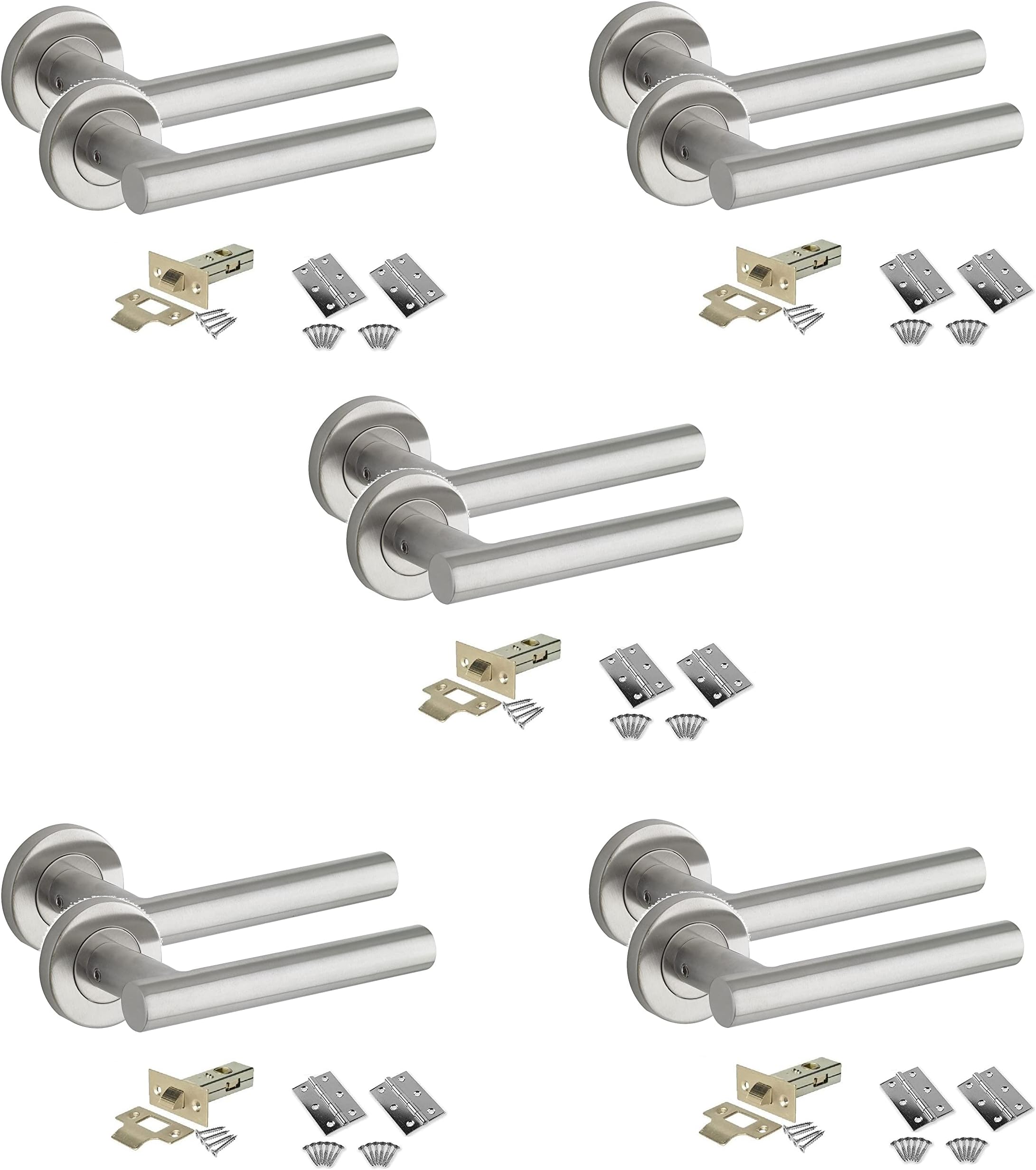 Golden Grace Straight T-Bar Door Handle Pack in Stainless Steel Finish with Tubular Latch & Hinges - 5 Sets