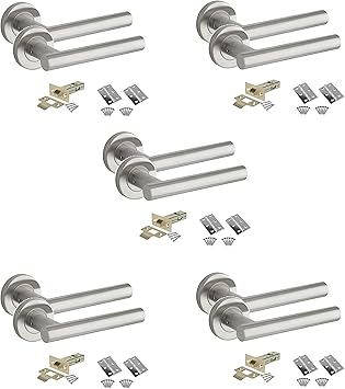Golden Grace Straight T-Bar Door Handle Pack in Stainless Steel Finish with Tubular Latch & Hinges - 5 Sets