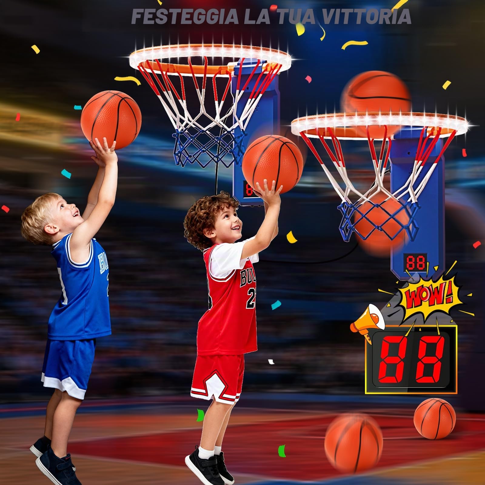 TERRAMUS Mini Canestro da Basket, Set da 2 Canestri da Basket con Pannello di Visualizzazione Elettronico, Canestro da Basket Regolabile in Altezza per Bambini, 4 Palle, 1 Pompa ad Aria, Regalo per