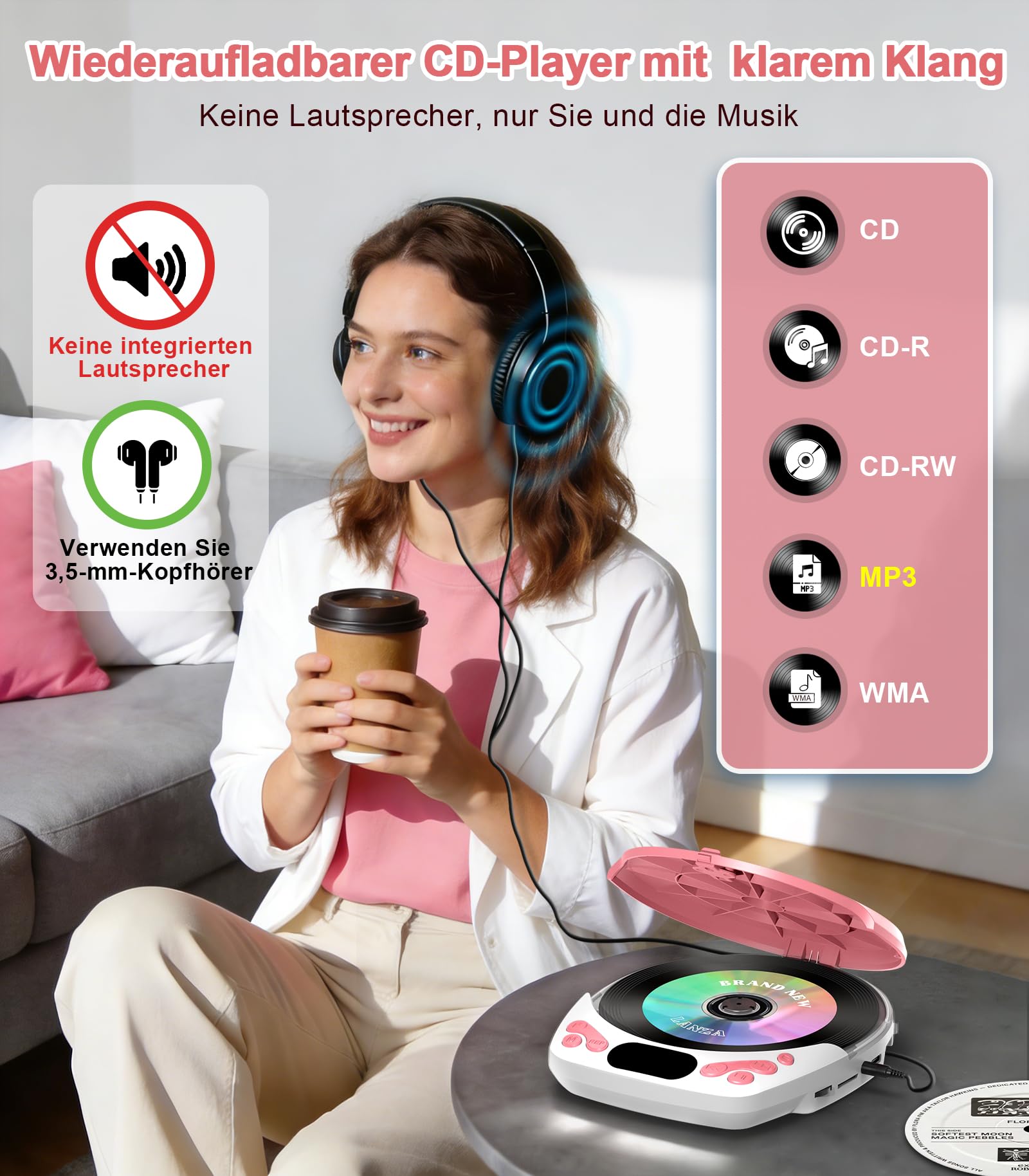 Greadio Lecteur CD portable avec casque - Lecteur CD rechargeable pour voiture et maison - Lecteur CD Walkman avec fonction anti-glisse - Prend en charge CD/MP3/WMA/TF/AUX/verrouillage (rose)