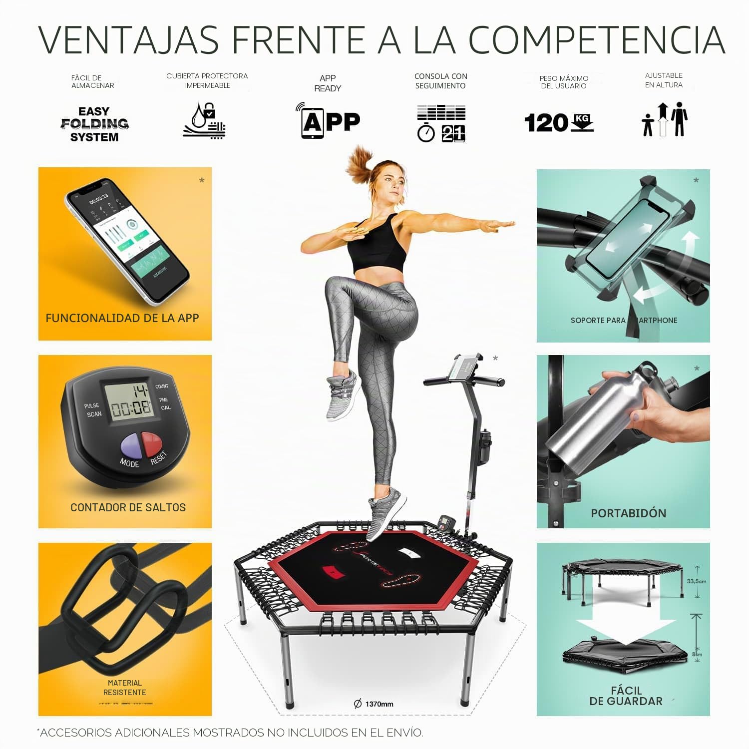 Trampolín Smart Fitness Marca Alemana, Incl. cinturón de Ritmo cardíaco, vídeo de Entrenamiento, Contador de Saltos y App, Plegable, Manillar Ajustable, portabotellas y Soporte para móvil - HTX100