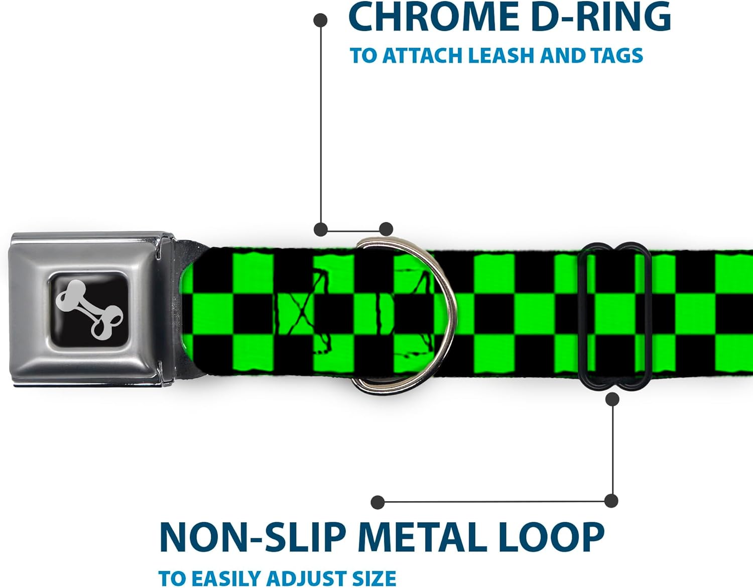 Buckle-Down Checker Black/Neon Green Dog Collar Bone, Medium/11-17"
