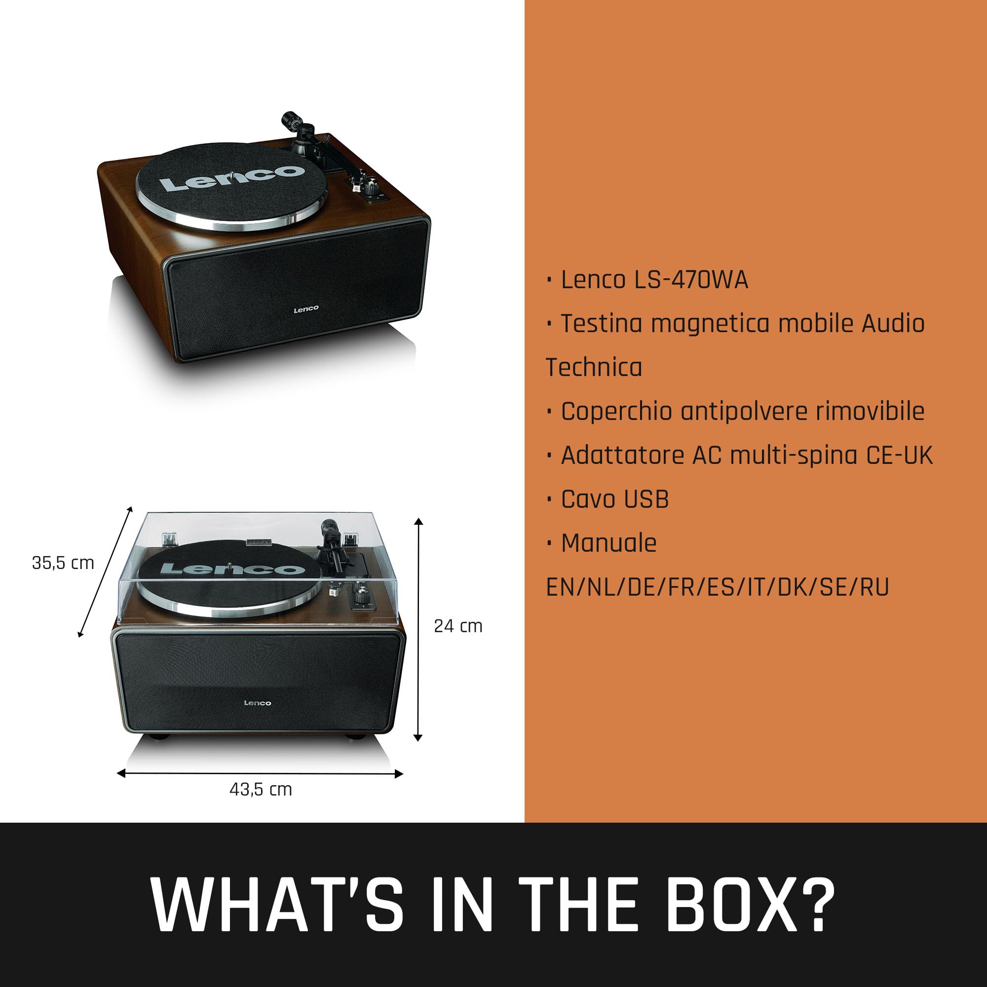 Lenco LS-470WA Giradischi All-in-One con Altoparlanti Integrati (80W), Bluetooth, Trasmissione a Cinghia e Testina Audio Technica - Finitura in Noce