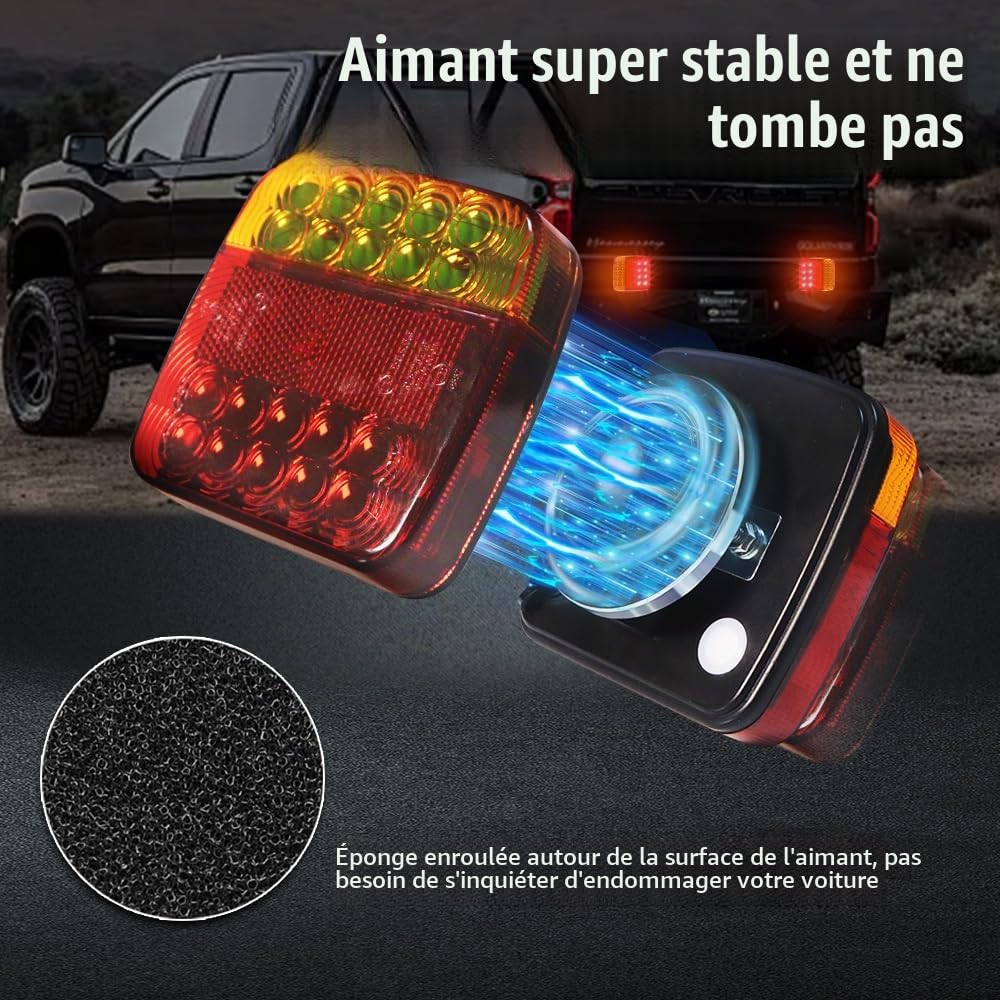 Feu Remorque Sans Fil 12-24V Feux Arriere Remorque Fixation Magnétique avec 7 Broches Adaptateur & USB-C, 5 Fonctions, pour Auto Remorque Camion Caravane Tracteur