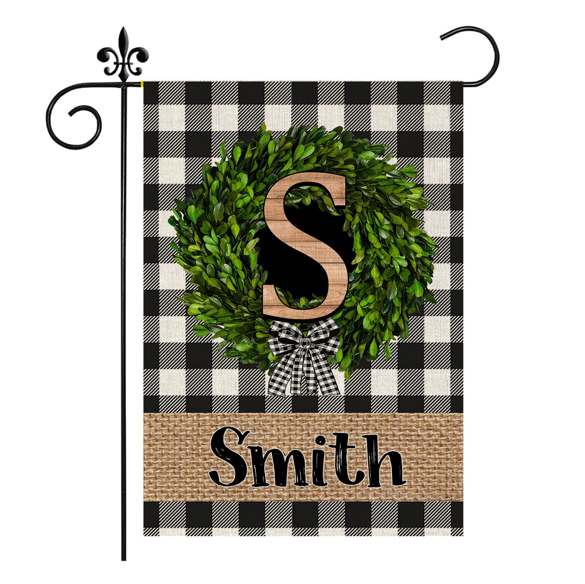 Faromily Personalized S Monogram Garden Flag Initial Letter Wreath Custom Last Name Porch Flags Vertical Double Sided Buffalo Plaid Wood Garden Yard Banner Lawn Outdoor Decoration 12.5" X 18"