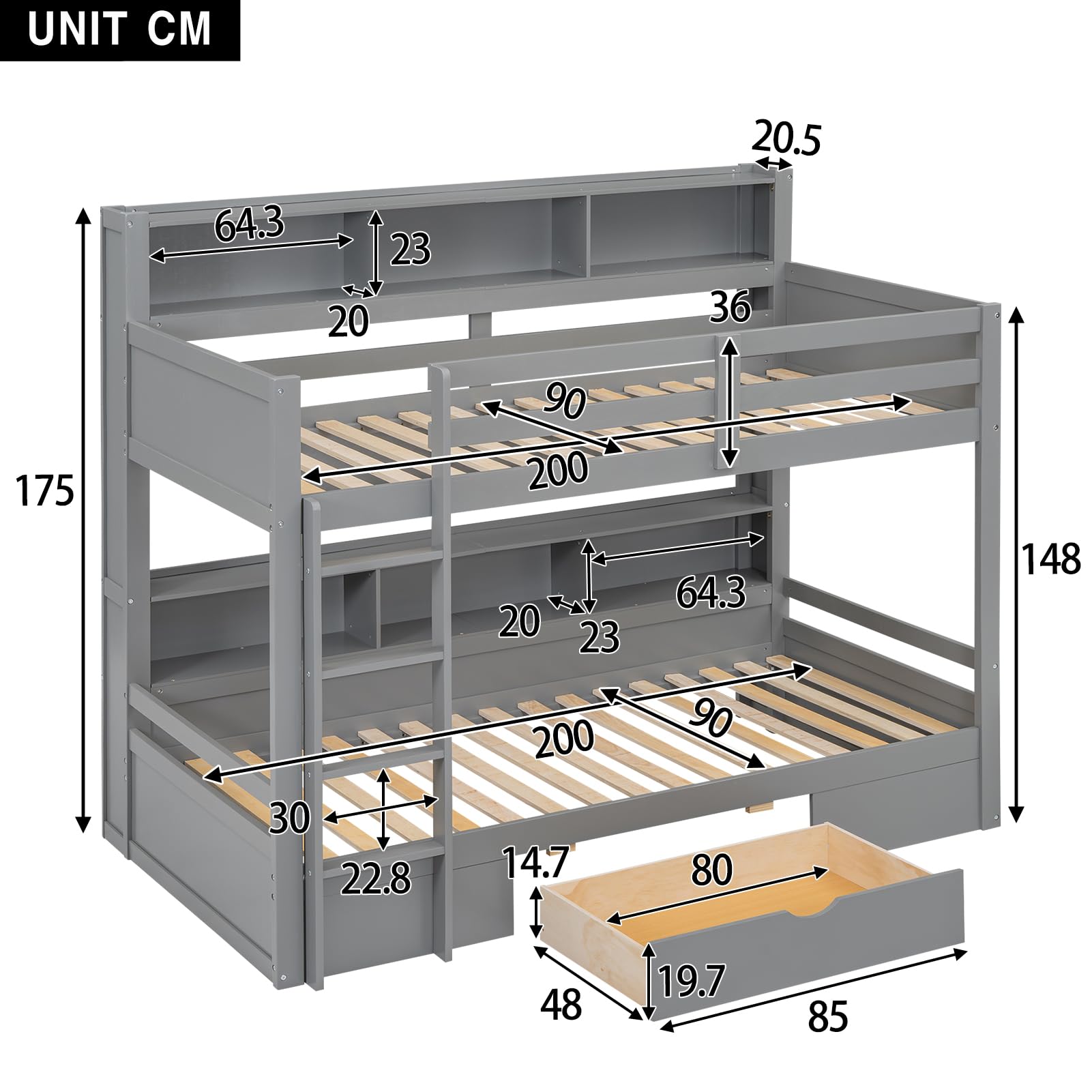 Estructura de cama nido de 90×200 cm Idemon EN747-1 (Gris, MDF de madera maciza, 2 cajones + compartimentos de almacenamiento), Cama nido minimalista para niños y huéspedes con compartimento lateral