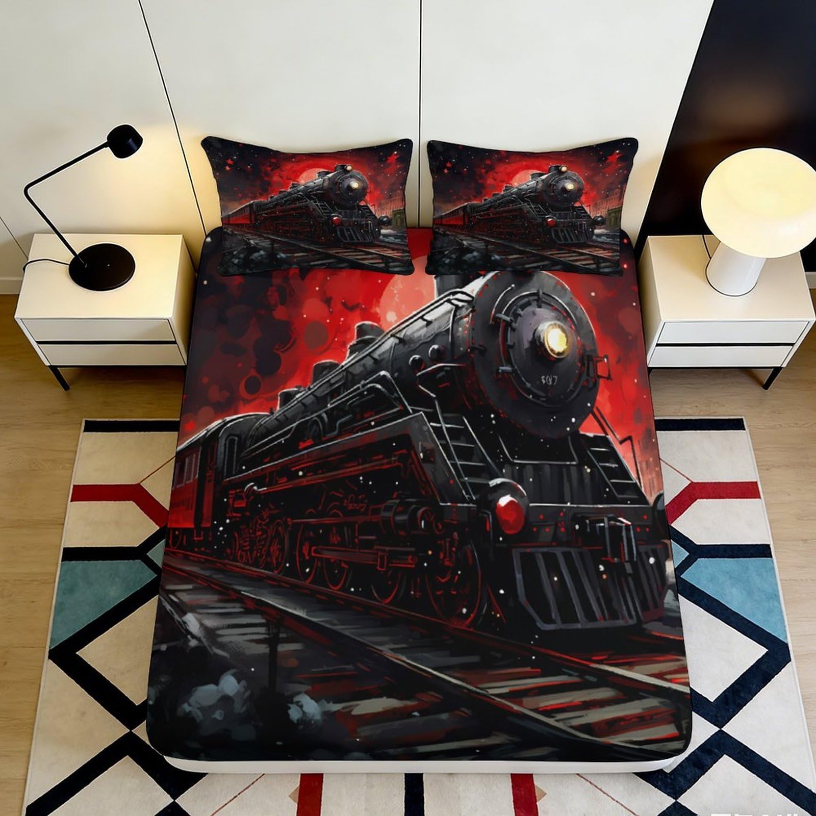 3D Printed Steam Train Night Fitted Sheet Microfiber Soft Red Railway Bed Cover for Bedroom Guest Room Decor 116 160x200x25cm