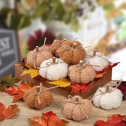 Miniatura 6 de Decoraciones de calabaza de otoño para el hogar, 9 piezas de mini calabazas artificiales de tela, calabazas falsas para decoración, decoración de