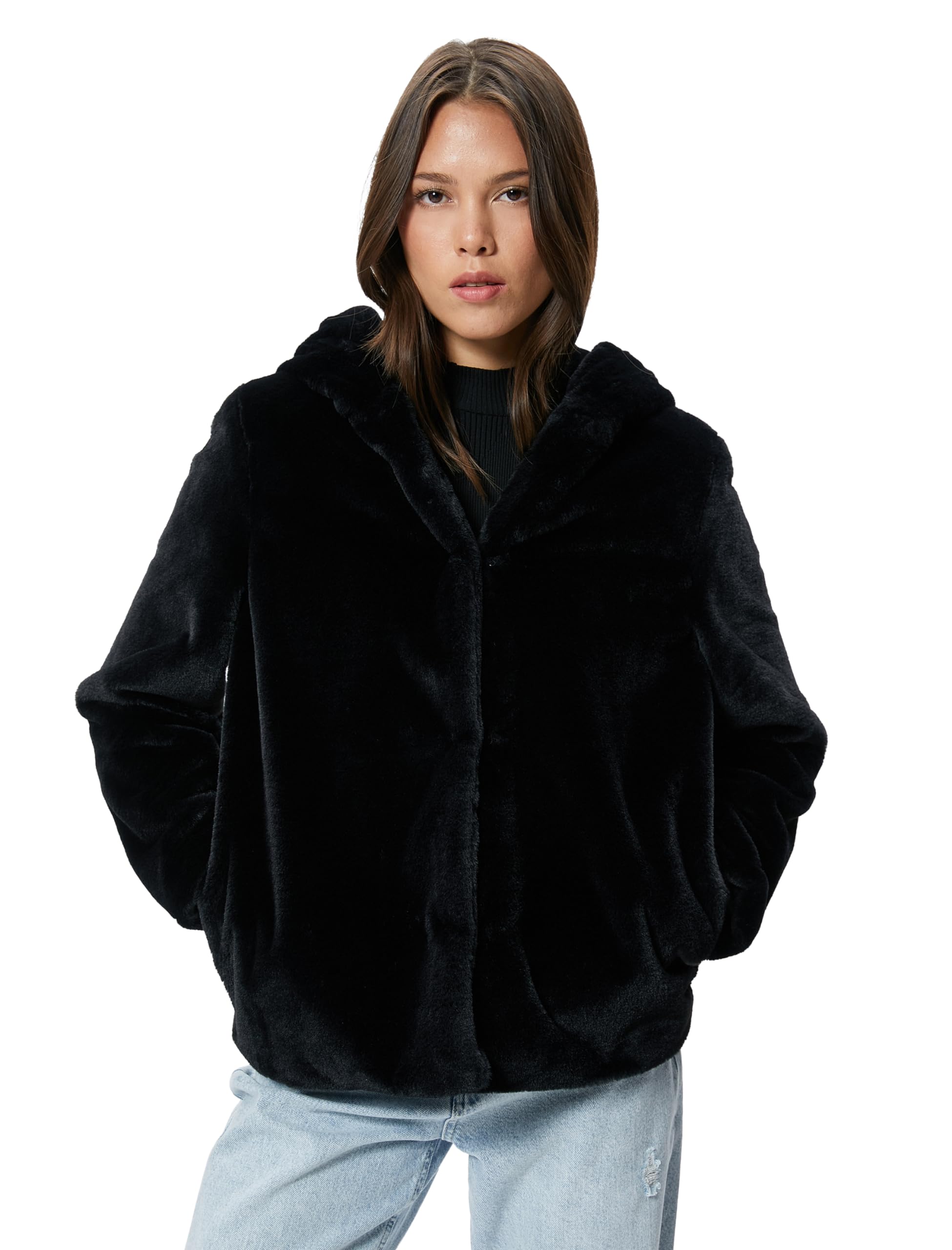 Peluş Mont Kapüşonlu Cep Detaylı Kopçalı