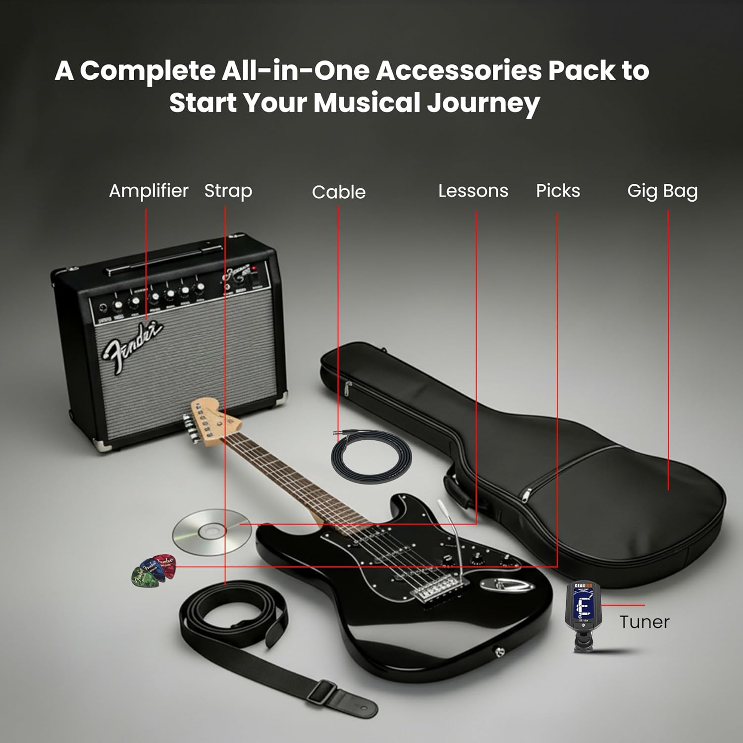 Fender Squier Affinity Stratocaster HSS - Charcoal Frost Metallic Bundle with Frontman 10G Amplifier, Cable, Gig Bag, Strap, Picks, Online Lessons, and Austin Bazaar Instructional DVD