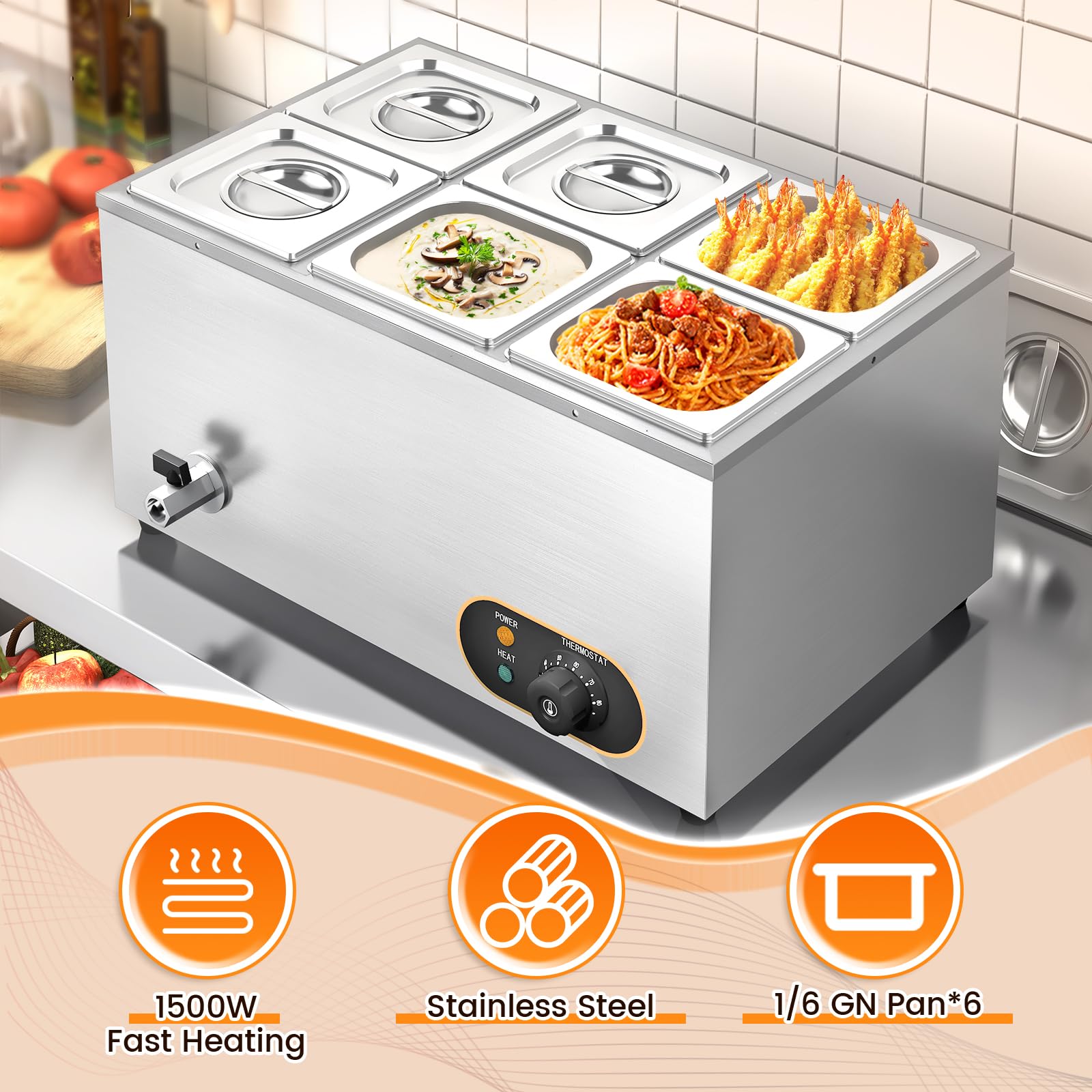 Bain Marie - Scaldavivande elettrico per bagnomaria, contenitori GN, 1/6 x 6 | Gastro scaldavivande in acciaio inox con rubinetto di scarico, scaldavivande elettrico per buffet, 6 contenitori