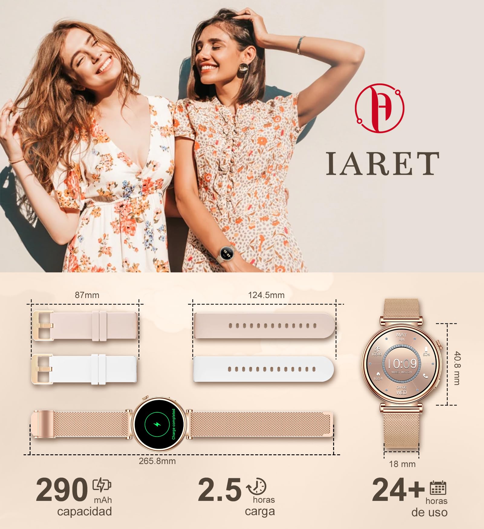 Reloj Inteligente Mujer Pequeño, Smartwatch Mujer Redondo 1.27" 41mm con Llamadas, 3 Correas, Pulsera Actividad con 100+ Modos Deportivos Pulsómetro Sueño Cuenta Pasos para Android & iPhone, Rosa Oro