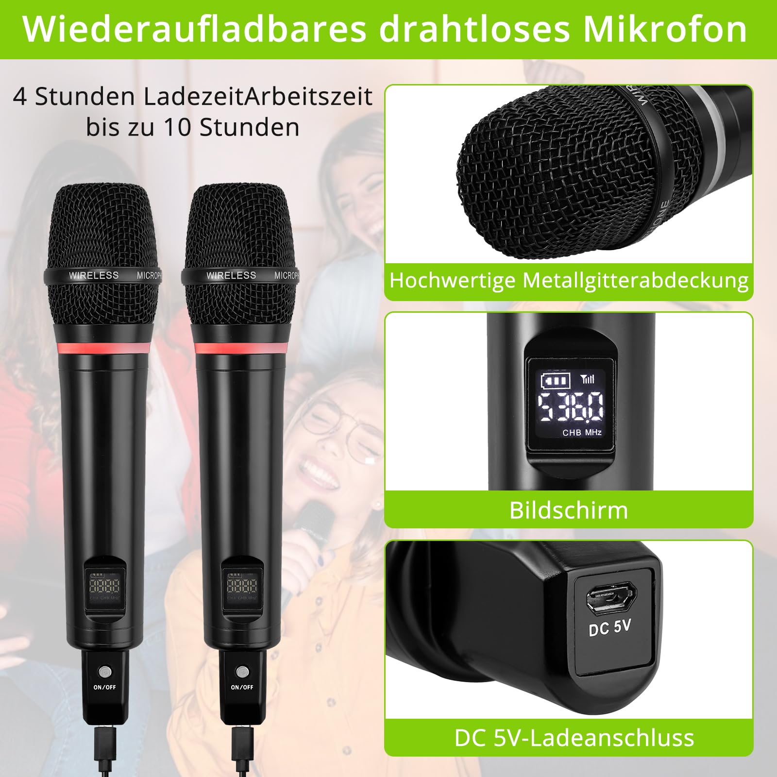 LiNKFOR Drahtloses Mikrofon UHF-Wiederaufladbares Bluetooth 5.0 Dual Handheld Metall Mikrofonsystem Kabellos, Eingang/Ausgang, 6,35mm Ausgang für Karaoke-Maschine, Mixer, Soundbar