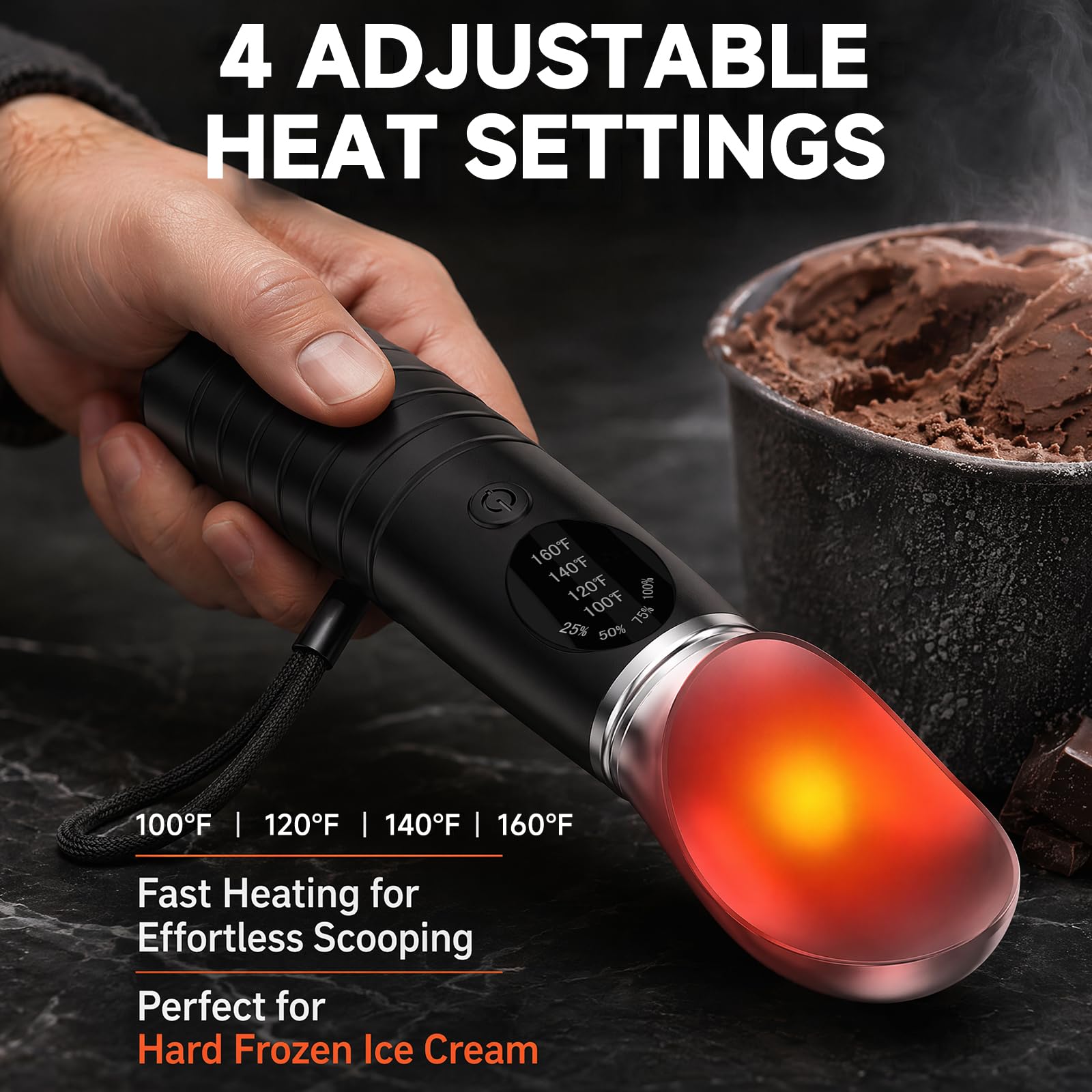 Cuillère à glace chauffante en acier inoxydable, 3 vitesses de température (49 °C/60 °C/71 °C) pour glace dure et gélato, charge rapide USB-C avec écran LED, étanche (IP67), cuillère ergonomique pour