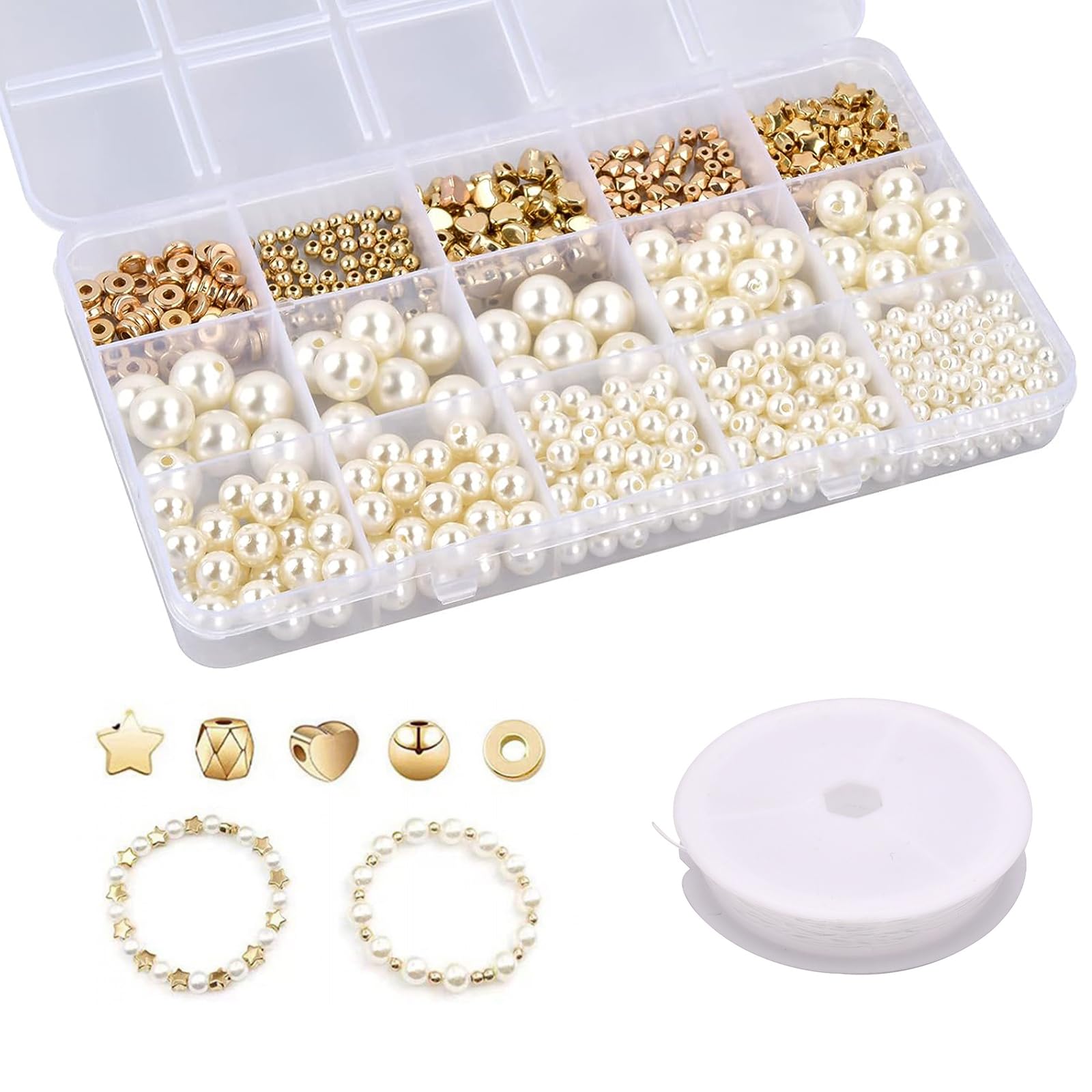 720PCS Pearl Beads White Mixed Imitation Pearls Polished Loose Beads，Jewellery Making Supplies Glass Pearl Round Beads with 5 Shapes Golden Spacer Beads for DIY Jewellery Making Crafting
