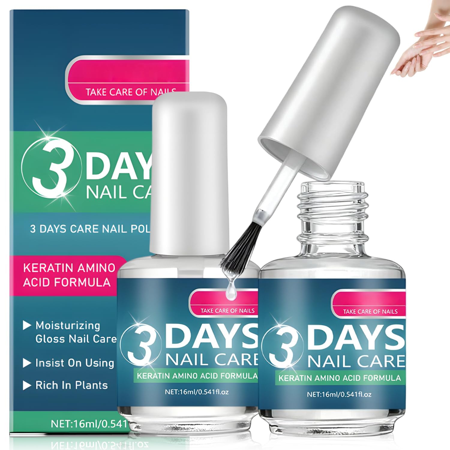 3 Days Nail Care Formula with Keratin Amino Acid & Aloe for Superior Nail, Strengthening and Hydration, for Dry, Weak & Fragile Nails, 16ml/0.56oz (2PC)