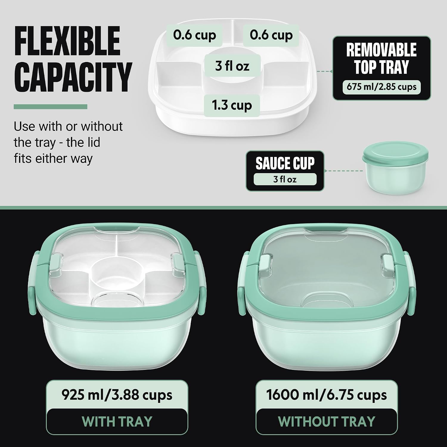 Salad Container with Ice Pack & Handle, 6.8 Cup / 1600ml Large Portable Salad Bowl Lunch Box with Lid, Fork Holder & Sauce Cup, 4-Compartment Removable Tray Meal Prep Bento Box, Green