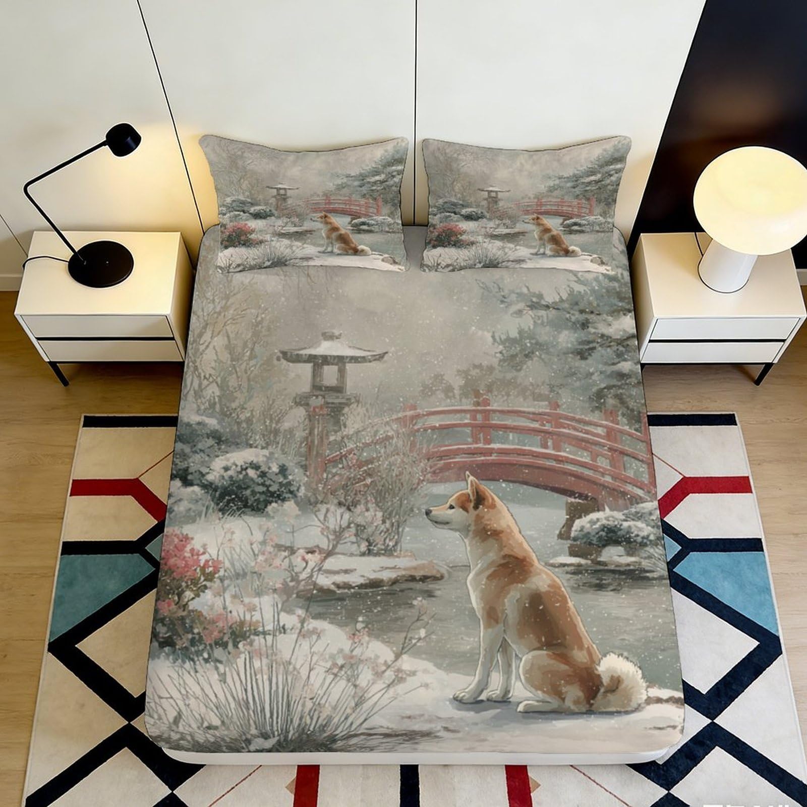 3D Printed Shiba Inu Garden Fitted Sheet Microfiber Deep Pocket Non-Slip Bedroom Bedding Shiba Inu Mattress Fitted Cover Washable 140x200x25cm