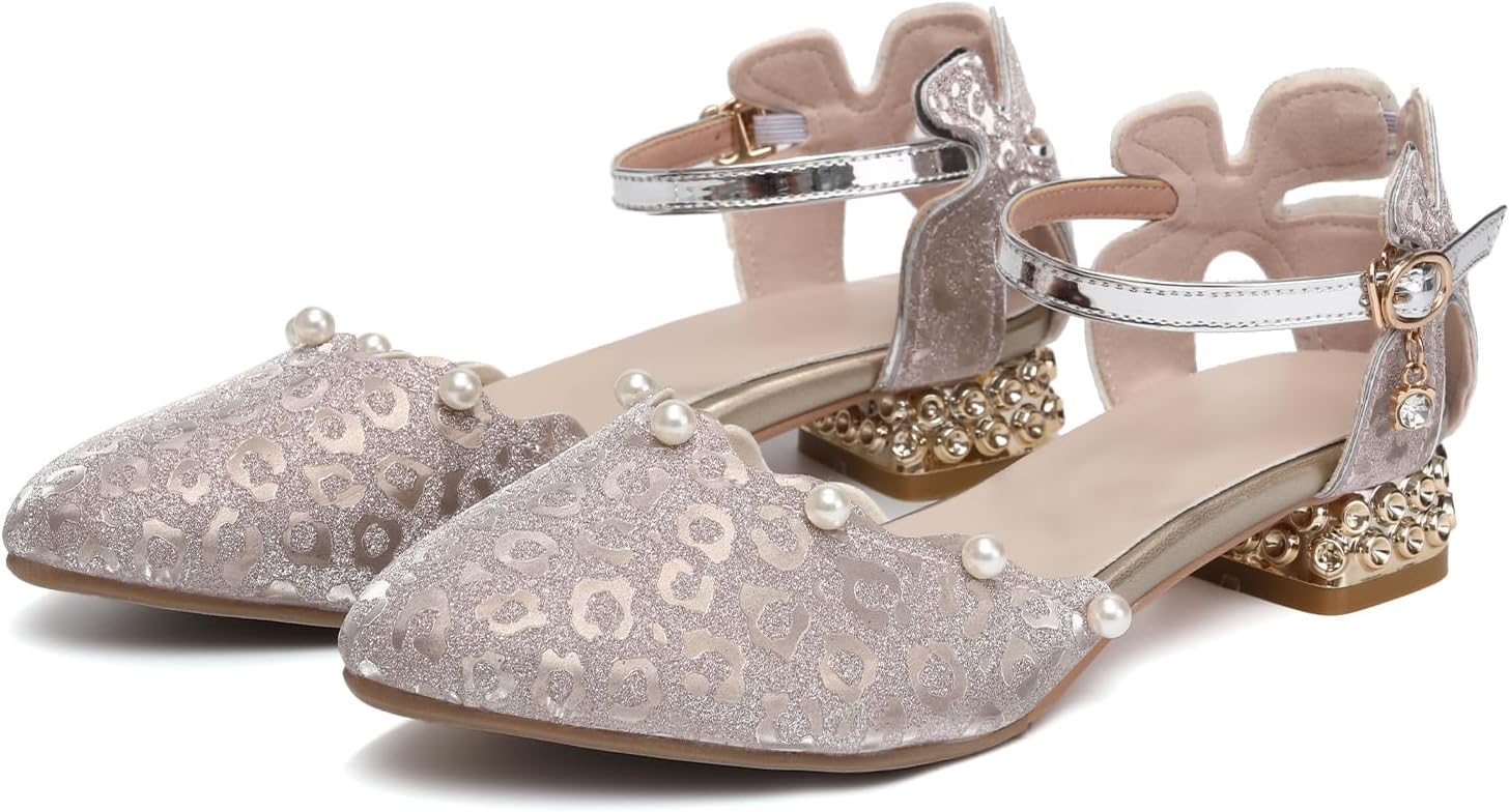 Girls Dance Shoes Sparkle Dress Shoes Low Heel Princess Flats Party Glitter Wedding Shoes for Kids Toddler, Model DS-2067