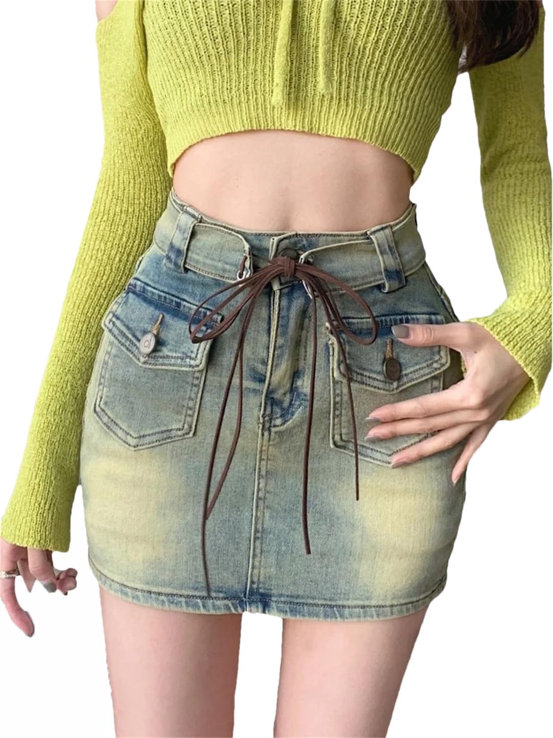 Minigonna vintage a vita alta da donna a trapezio in jeans