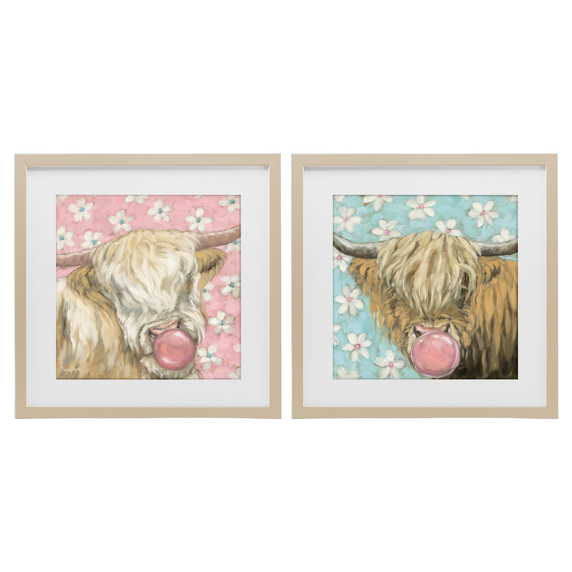 Stupell Industries 'Cute Bubblegum Highland Cattles', 2pc Framed Print Under Glass Set, Brown, 16 x 16, Ready to Hang Picture Décor, USA Made, By Artist Sara G. Designs