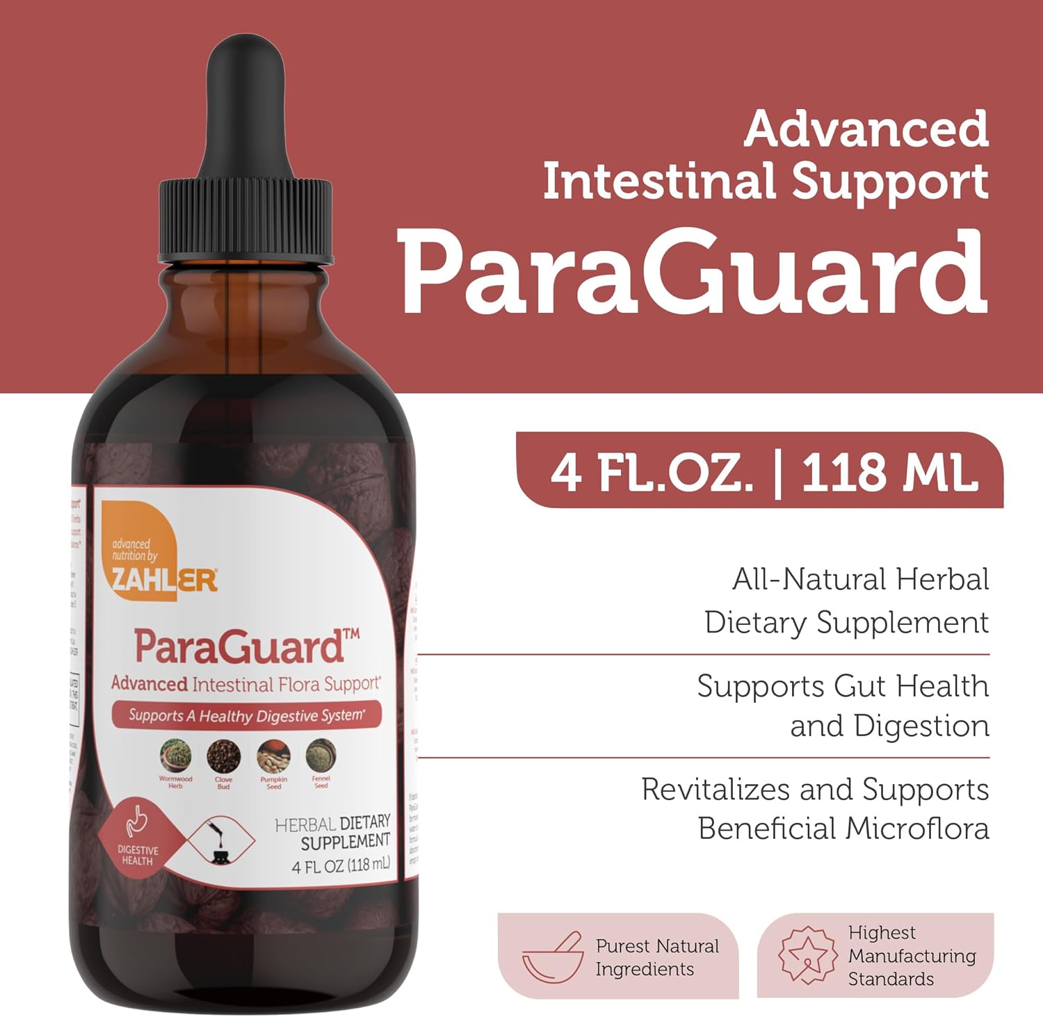 Zahler - ParaGuard Liquid Drops - Gut Health Supplement - Formula has Wormwood, Garlic Bulb, Pumpkin Seed, Clove & More - Natural Support for Humans - Certified Kosher (4 Oz) (4 oz., Drop)