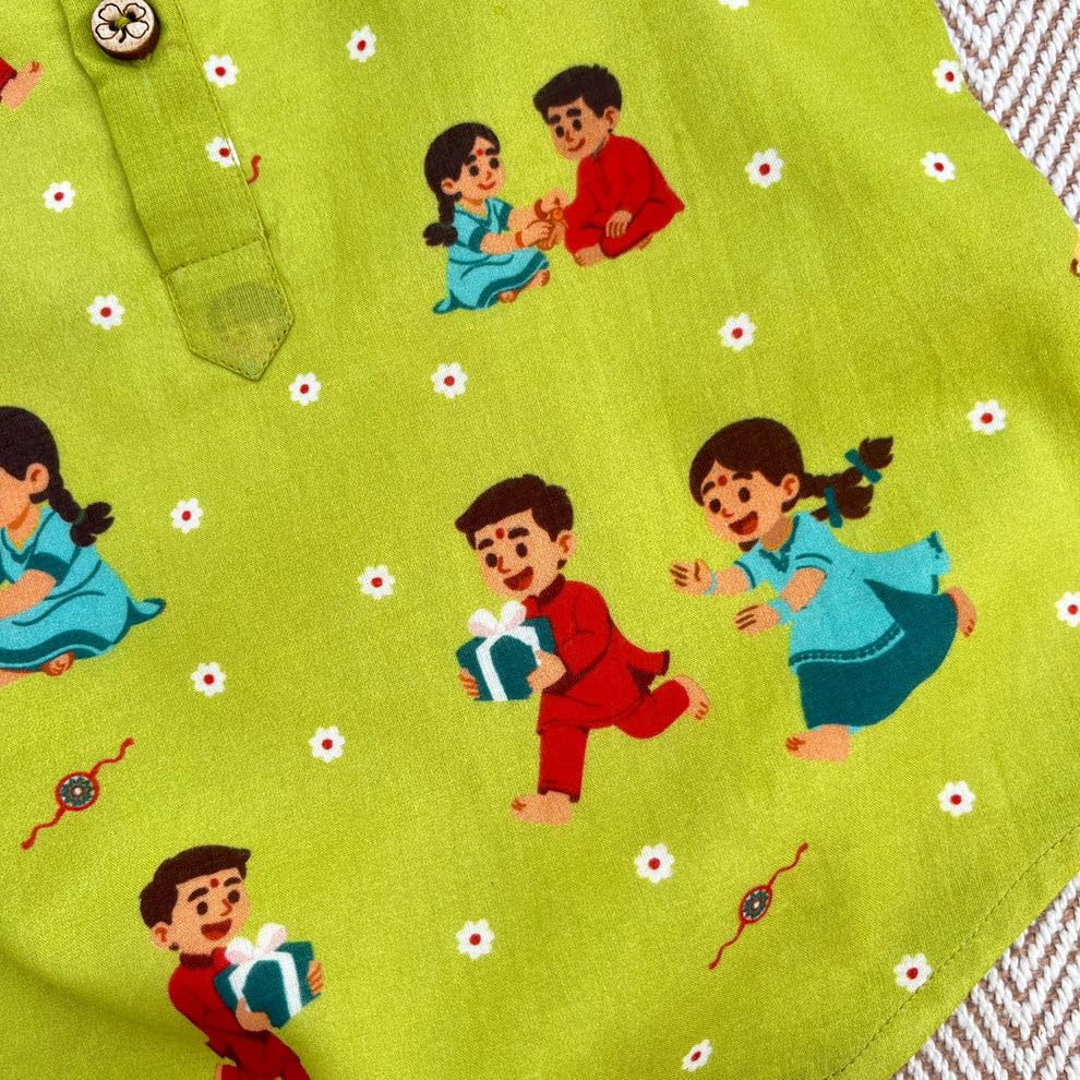 BHAAKUR Organic Cotton Unisex Kurta Set Threads of Love- Rakhi Kurta with Pyjama for Toddlers and Infants| Soft and Breathable| Full Sleeves| Double Layered (12-18 Month) Green 1
