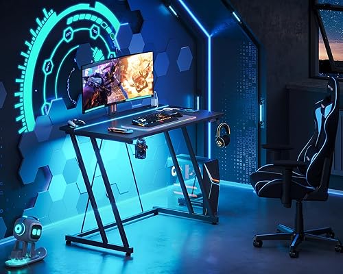 Miniatura 2 de MOTPK Escritorio pequeño para juegos con luces LED y toma de corriente, escritorio de computadora de 31.5 pulgadas para espacios pequeños, mesa de