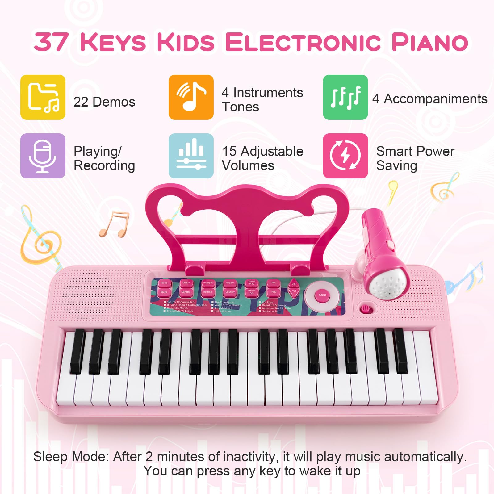 FANTASK Tastiera per bambini a 37 tasti, con sgabello e microfono (rosa)