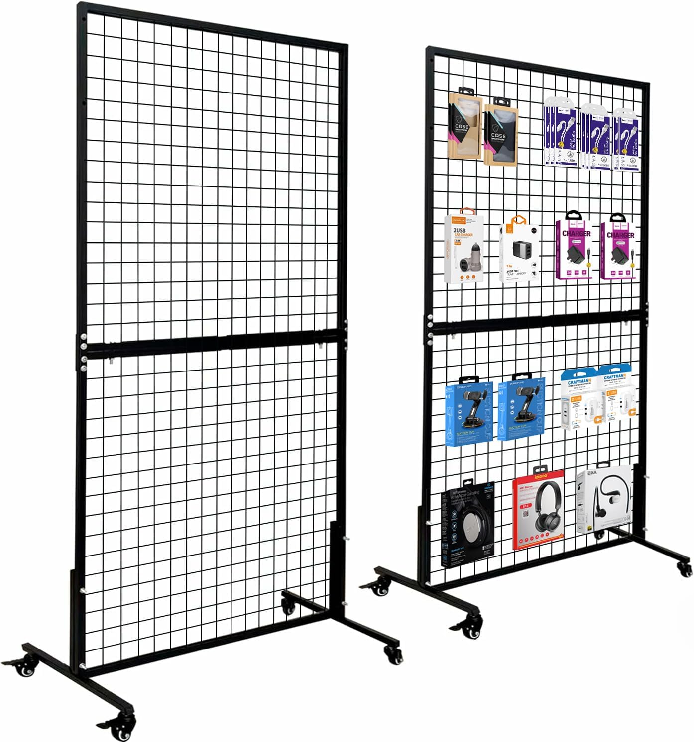 2 Packs 3' x 6' Grid Wall Panels Standing Wire Grid, Display Rack with Sturdy T-Base Wheels Freestanding Gridwall Panel Tower for Shows, Black Rustproof