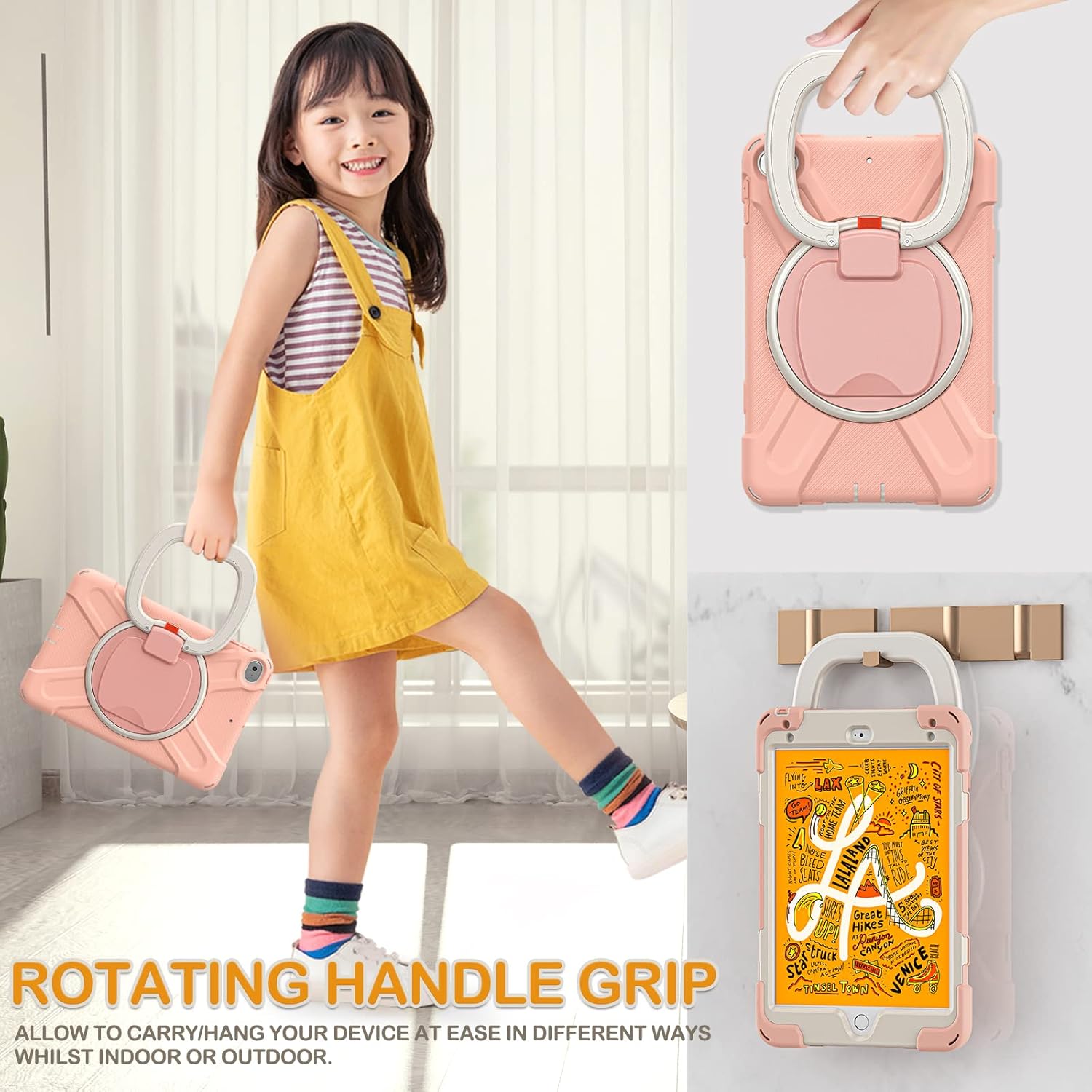 BRAECN Kids Case for iPad mini 5/4 7.9 Inch 2019/2015- Kids Friendly Silicone Case with Pencil Holder, Shoulder Strap, 360° Rotating&180 ° Folding Grip, Stable Kickstand for iPad mini 5/4- Rose Gold