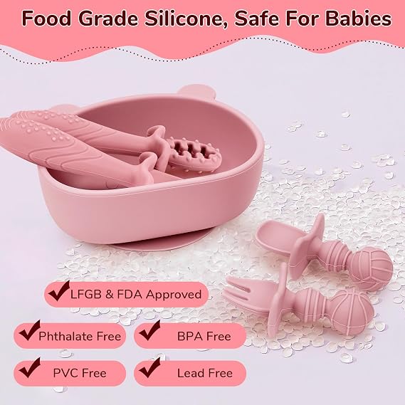 Baby Weaning Set 10 Pcs, Silicone Feeding Kit with Plate Bowl Bib & Fork | Suction Base, BPA-Free, Dishwasher & Microwave Safe,40°C To 230°C, For 6+ Months, BLW, Self-Feeding, Adjustable Bib