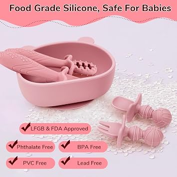 Baby Weaning Set 10 Pcs, Silicone Feeding Kit with Plate Bowl Bib & Fork | Suction Base, BPA-Free, Dishwasher & Microwave Safe,40°C To 230°C, For 6+ Months, BLW, Self-Feeding, Adjustable Bib