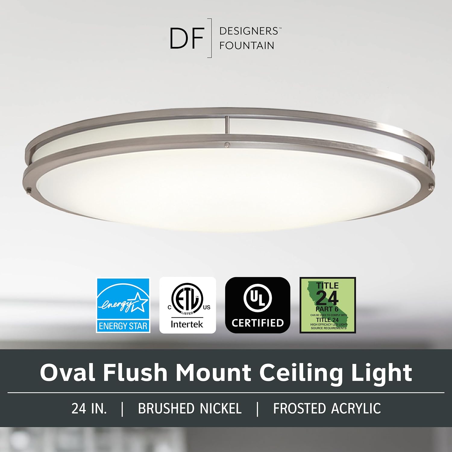 Designers Fountain Flush Mount Ceiling Light, 24 Inch Oval LED Lighting Fixture Kitchen, Bedroom, Bathroom, and Hallway, Dimmable, 2800 Lumens, 3000K/4000K/5000K, Brushed Nickel, EV1424C3C-35
