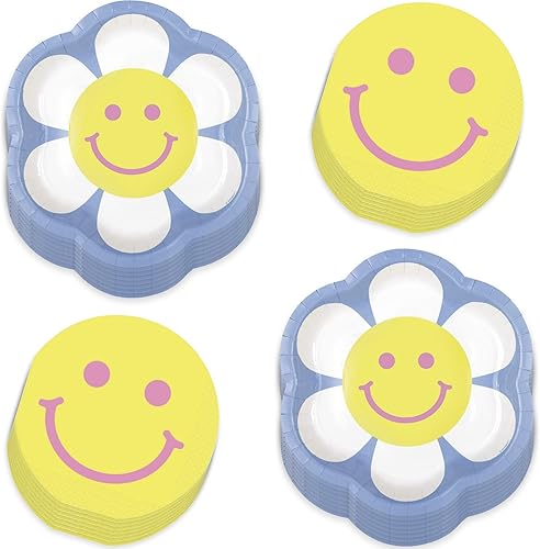 HOME & HOOPLA Groovy Happy Vibes - Platos llanos de papel en forma de flor pastel y servilletas redondas de cara feliz (sirve 16)