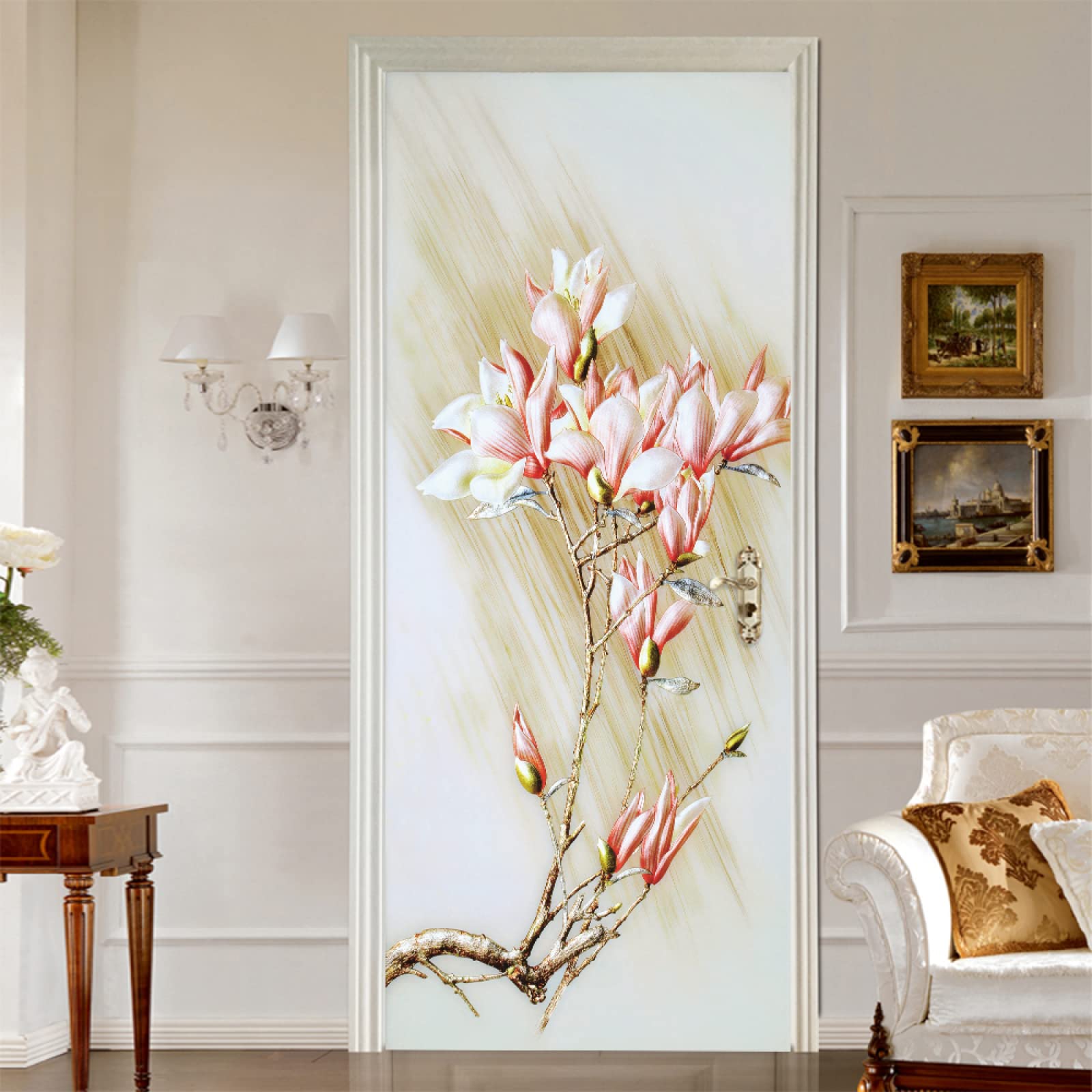 Autocollant porte masquage défauts décoration magnolia pour entrée et séjour