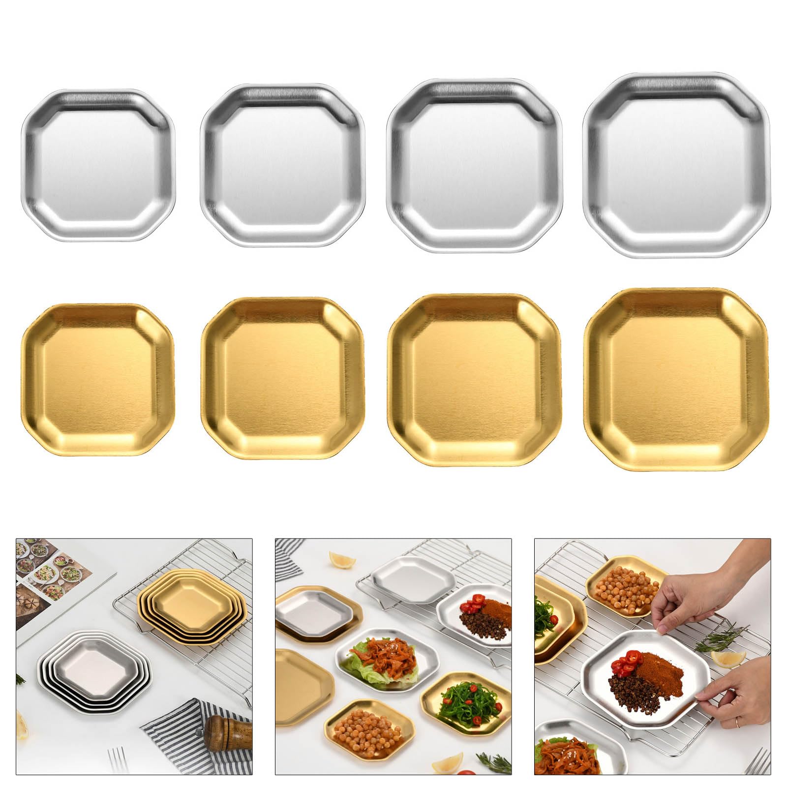 Pack Of 4 Gold/Silver Stainless Steel Plates For Dinner And Camping Use Portable Dishes For Home And Outdoor Meals