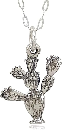 Sterling Silver Prickly Pear Paddle Cactus 3D Charm Necklace, 18"