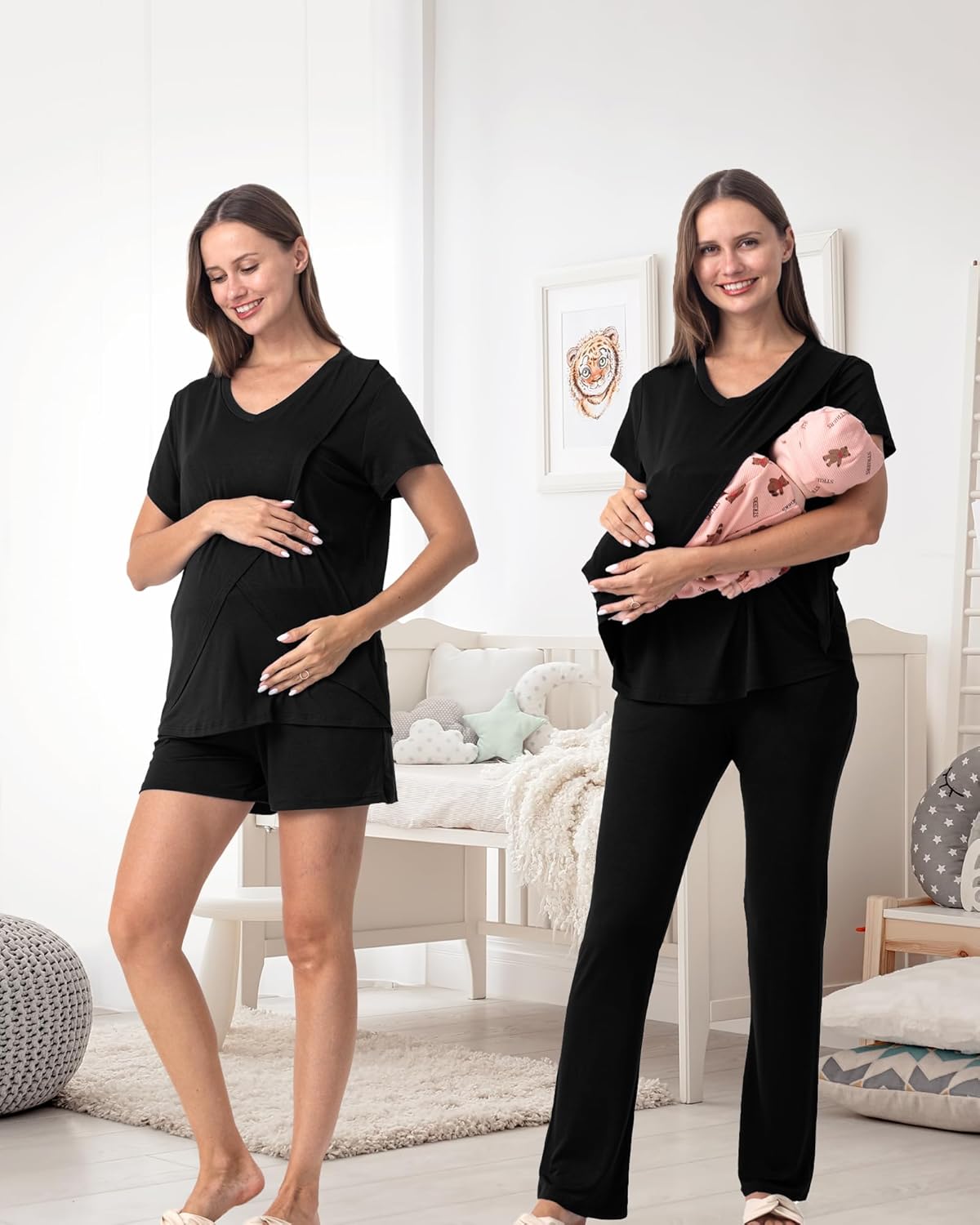 Rnxrbb V Neck Nursing Pajamas Set 3 Pack Postpartum Pjs Breastfeeding Sleepwear for Women Double Layer with Pockets - Image 2