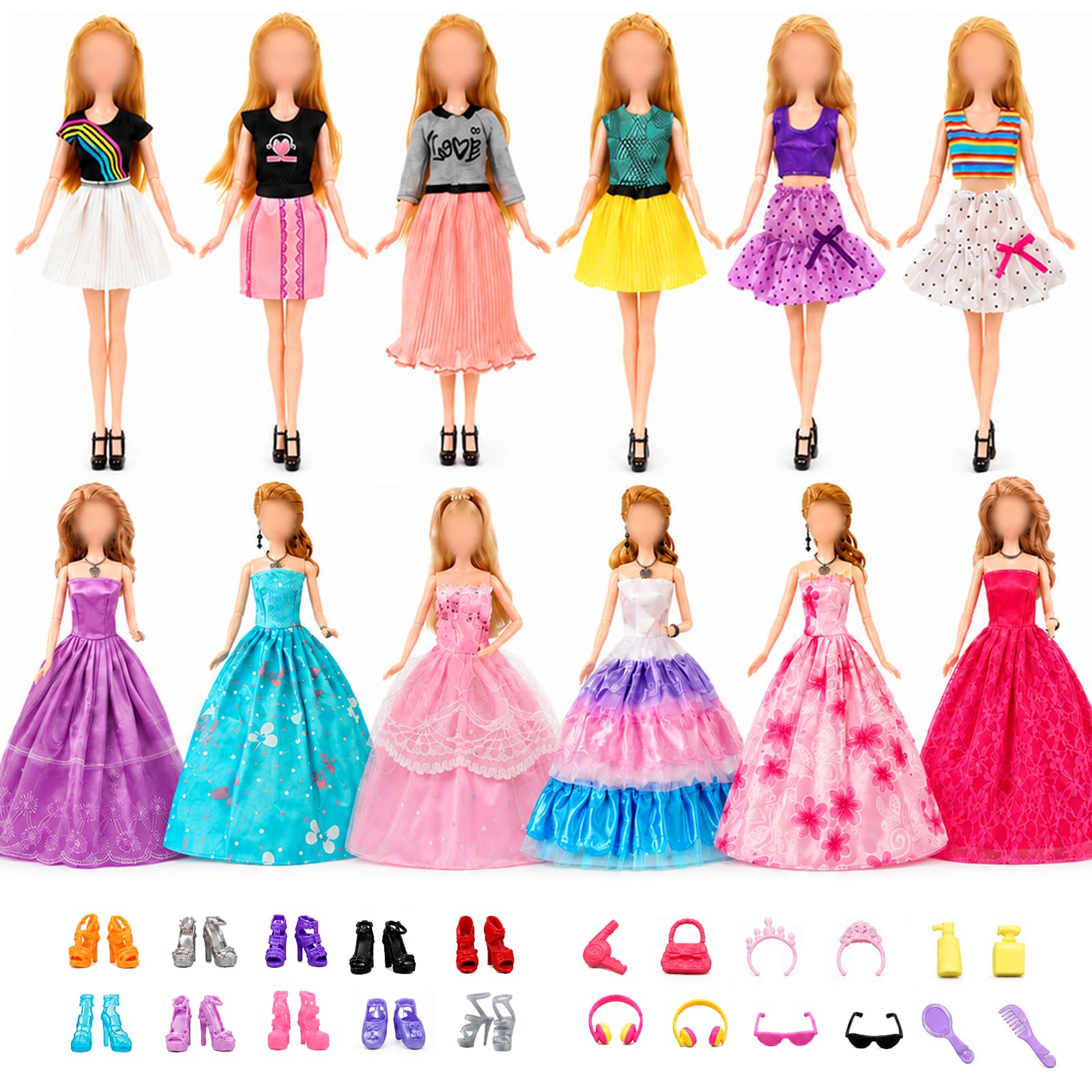 Vestiti per bambole compatibili con abiti Barbie, 6 abiti da sposa, 3 abiti alla moda, 1 top, pantaloni, 1 berretto, 1 casco, 8 costumi da bagno, 10 paia di scarpe per bambole da 29 cm