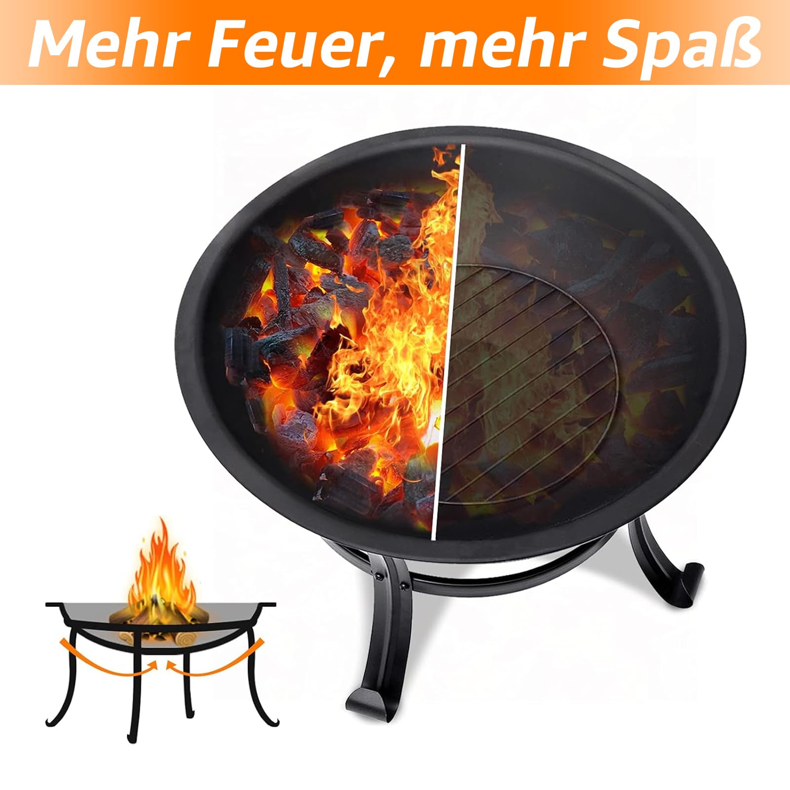 Garpans Feuerschale mit Funkenschutz Ø 55 cm Outdoor Feuerstelle Feuerkorb für Heizung Fire Pit Garten Camping Terrasse Schwarz