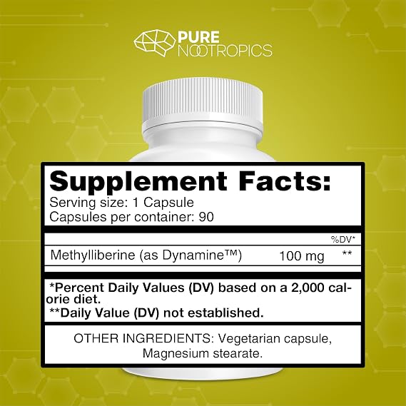 Pure Nootropics - Dynamine (Methylliberine: 1,7,9-tetramethyluric Acid) 100 mg Capsules (90) | Increased Energy, Focus & Alertness | in House & Rigorous 3rd Party Testing for Higher Purity & Potency