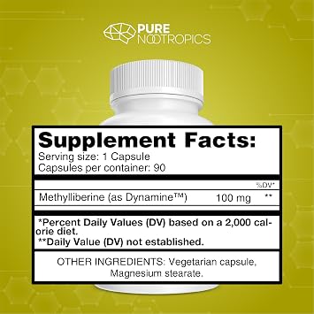 Pure Nootropics - Dynamine (Methylliberine: 1,7,9-tetramethyluric Acid) 100 mg Capsules (90) | Increased Energy, Focus & Alertness | in House & Rigorous 3rd Party Testing for Higher Purity & Potency