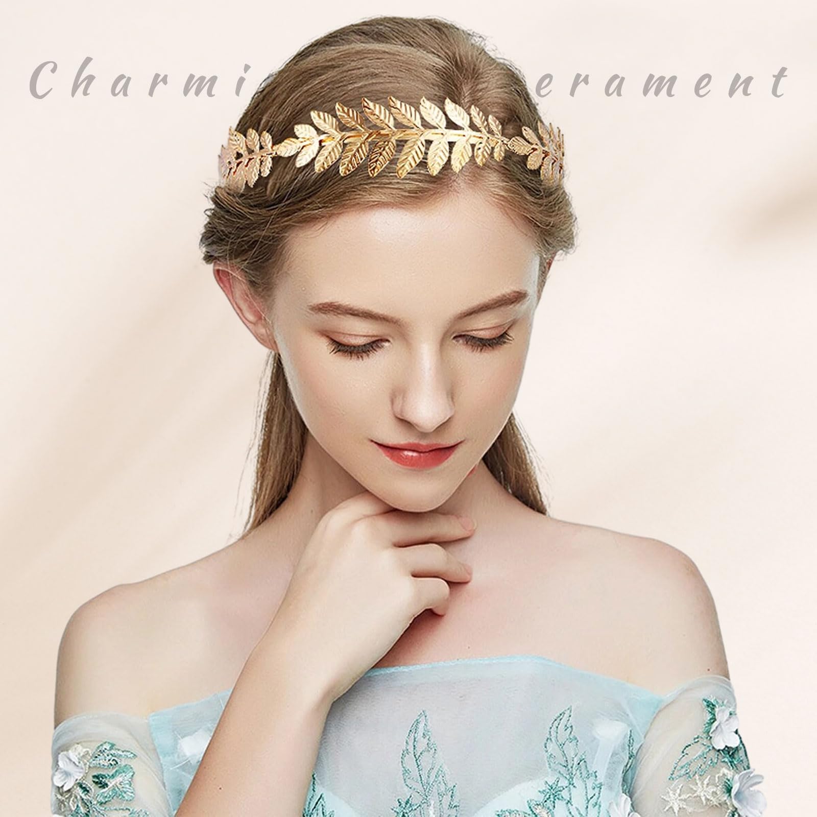Set Corona Dea Tiara Con Orecchini E Bracciale Foglia Oro E Perla - Accessorio Capelli Boho Per Matrimoni E Feste - Foto 13