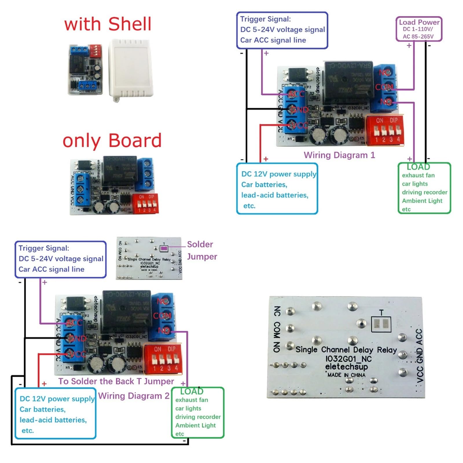Módulo de interruptor de retardo de apagado de coche de 1 canal, 12 V CC, temporizador de coche, relé de tres contactos NC, COM y NO(With Shell)