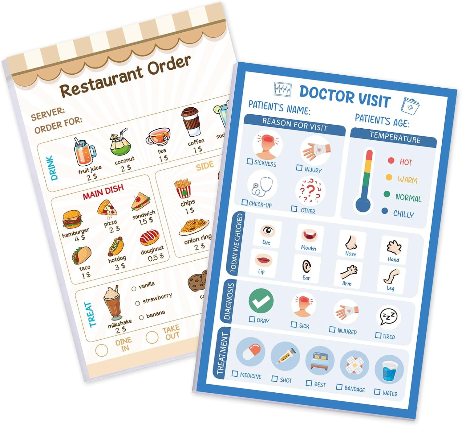 Thboxes 2 Pack Kids Pretend Play Notepads, Restaurant and Doctor Play Set
