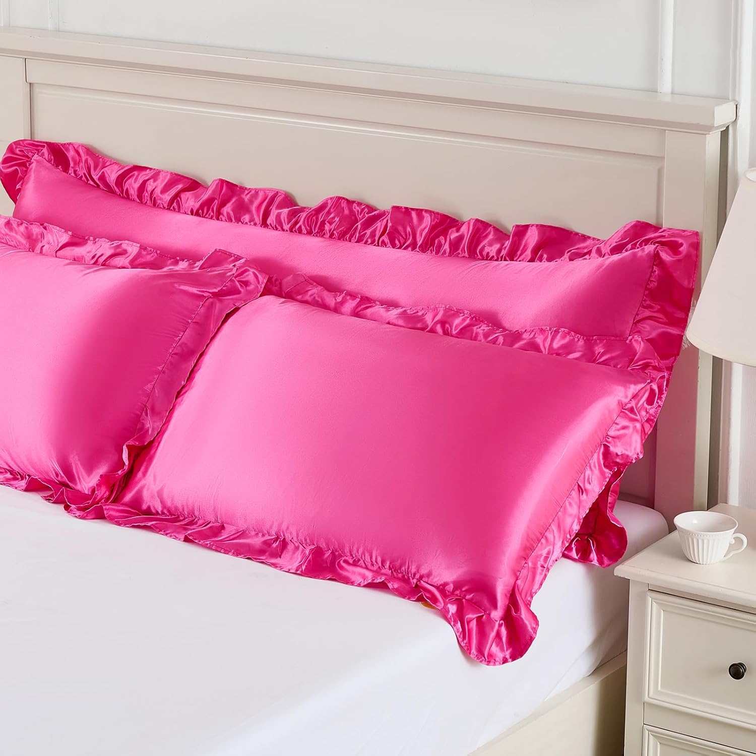 NSGZ Ruffled Satin Pillowcase Set of 2, Standard 20x26 Inch, Fuschia image 3