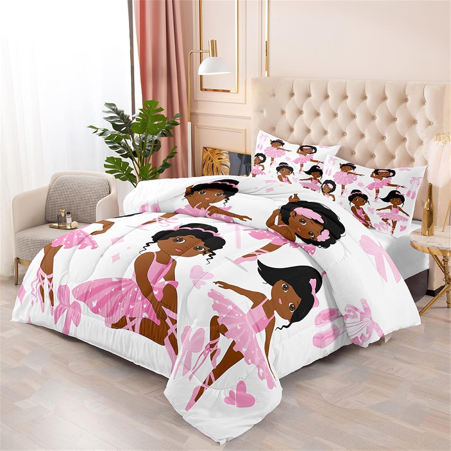 Pink African American Twin Comforter Set for Girls Kids Adults, Cute Twin Bedding Set for Girls Bedroom Decor Set 1 Comforter 2 Pillowcases, Cute Ballet Princess Dancer, Twin Size