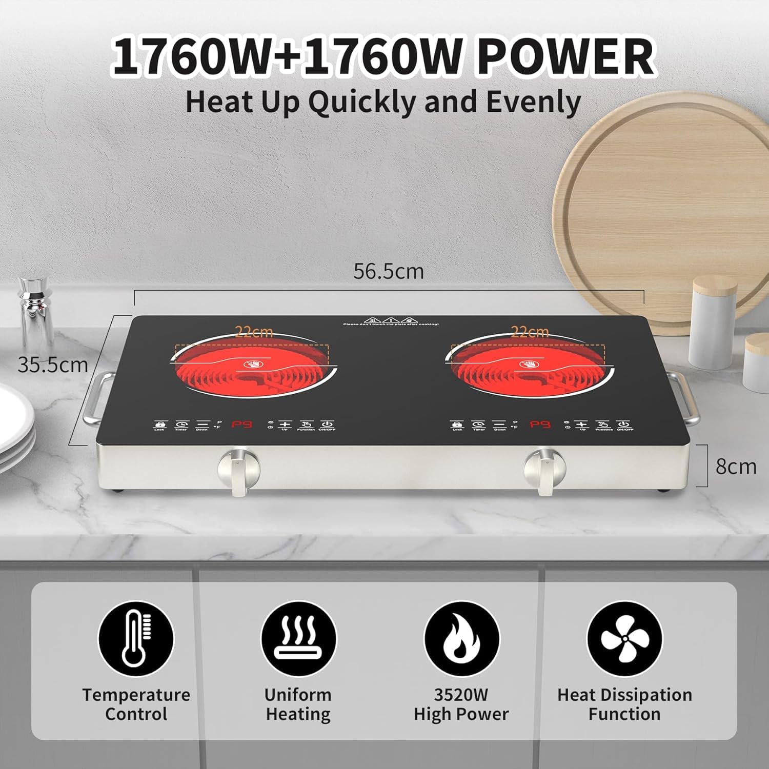 VBGK Double Electric Hob, 220V 3520W Ceramic Hob with Handle, Electric Hot Plate with 9 Power Levels, Child Safety Lock, Timer,Knob and Touch Control, 2 Burner Cooktop - 3